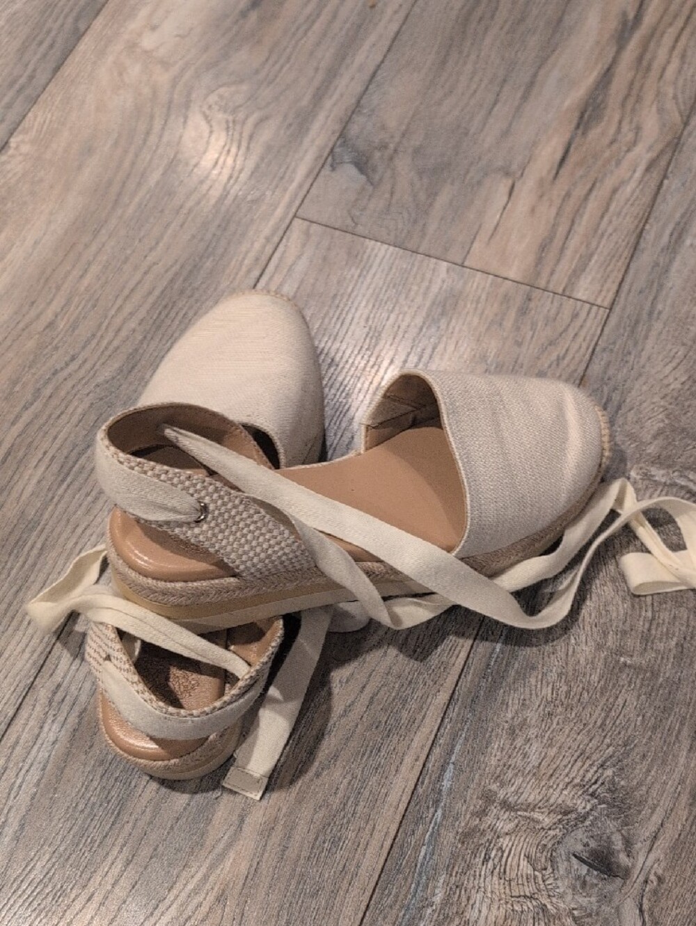 Vince Camuto Cream Woven Espadrille Tie Ankle Flats - Picture 4 of 5